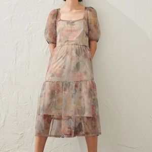 Puff sleeve floral mesh midi dress